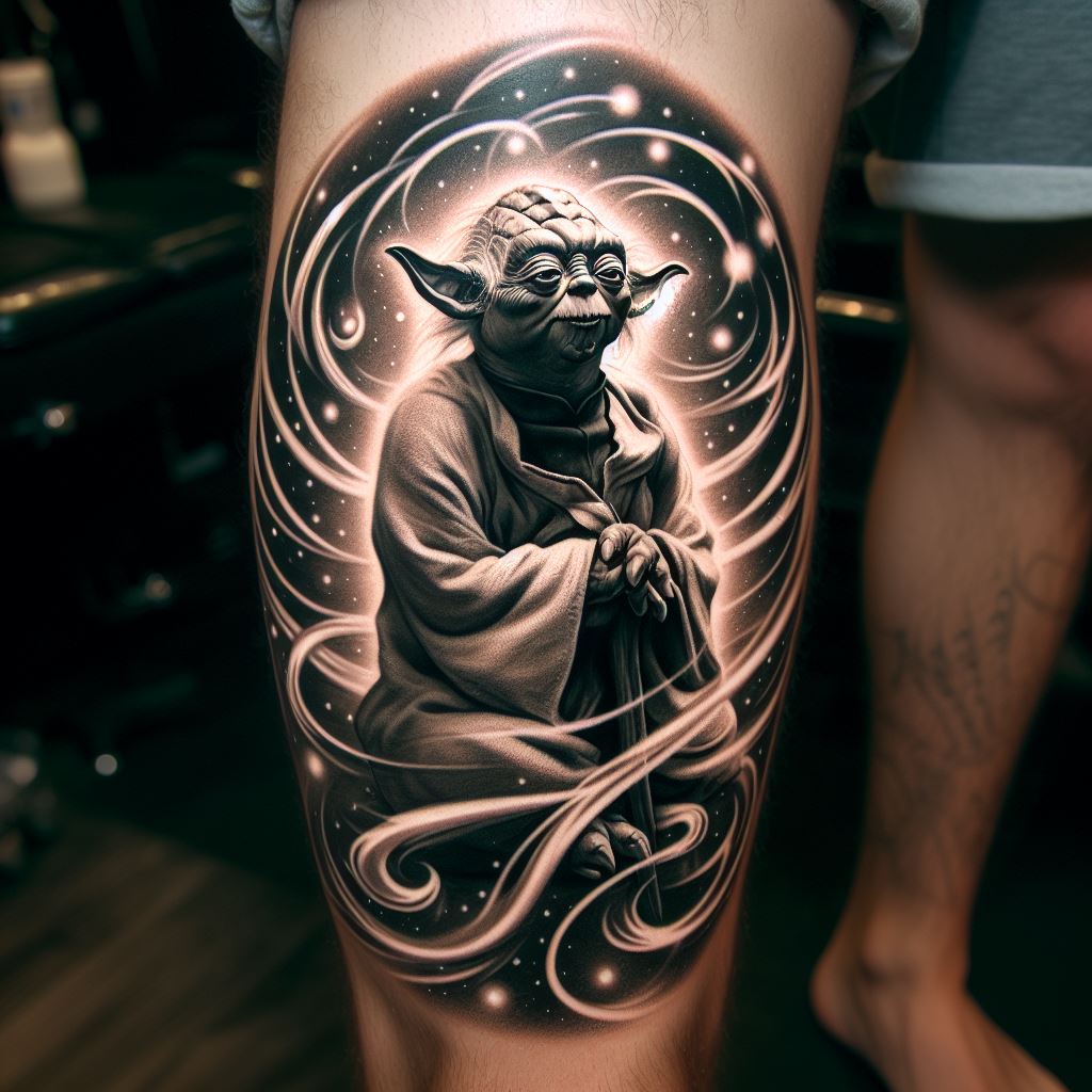 An artistic tattoo on the calf, featuring a portrait of Yoda in a meditative pose, surrounded by the swirling energies of the Force. The tattoo should have a mystical aura, with light and shadow contrasts to emphasize Yoda's wisdom.