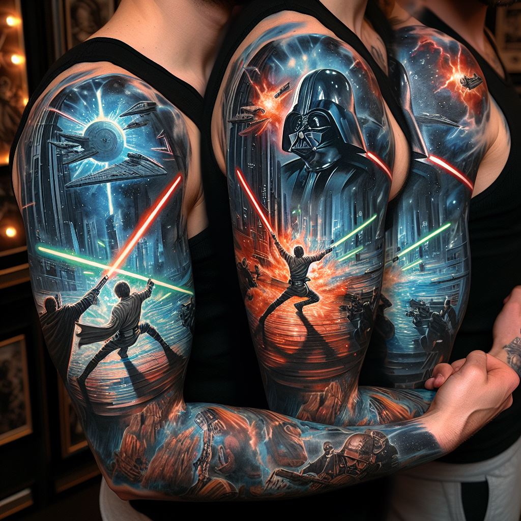 A sleeve tattoo on the left arm, showcasing a battle scene between Darth Vader and Luke Skywalker. The design includes dynamic action poses, lightsabers clashing with vibrant colors, and a backdrop of the Death Star interior.