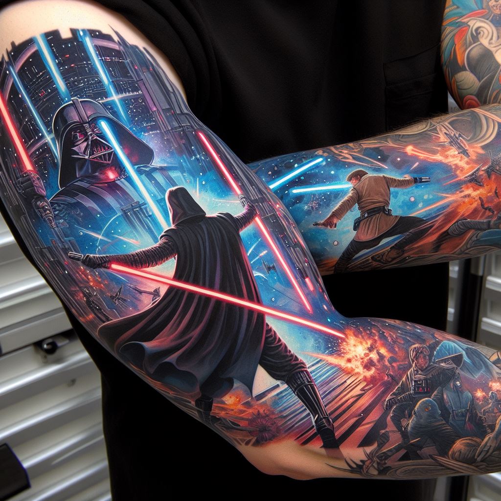 A sleeve tattoo on the left arm, showcasing a battle scene between Darth Vader and Luke Skywalker. The design includes dynamic action poses, lightsabers clashing with vibrant colors, and a backdrop of the Death Star interior.