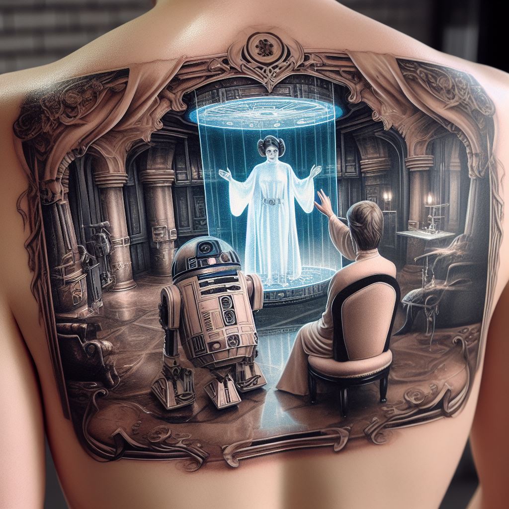 An intricate tattoo on the back, depicting the iconic scene of Princess Leia delivering her message through R2-D2. The tattoo captures the holographic effect and the detailed environment of the room, with soft lighting effects to highlight the message.