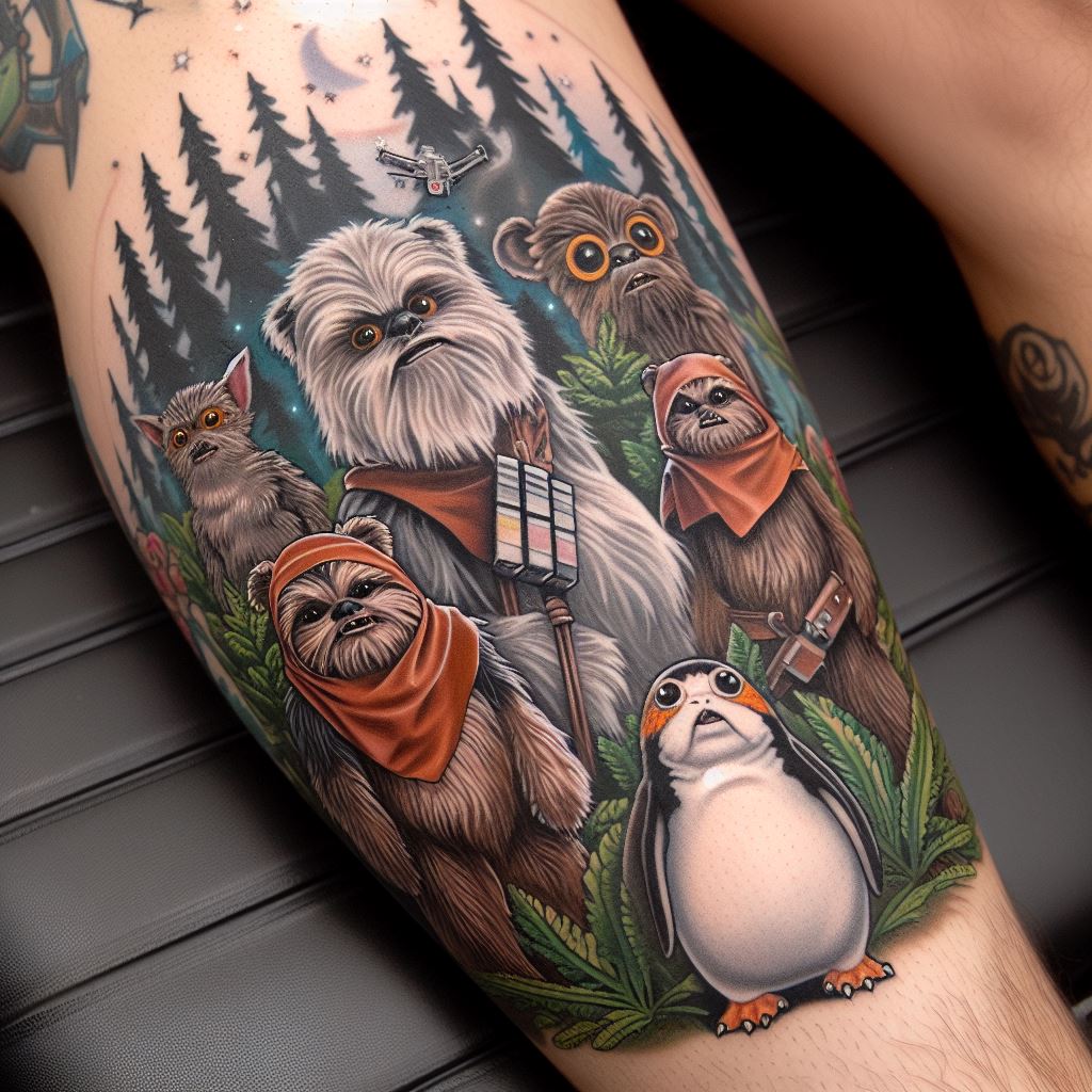 A leg tattoo featuring a collage of Star Wars creatures, including Ewoks, Wookiees, and Porgs, set in a forest landscape of Endor. The tattoo has a playful vibe, with each creature rendered in detail, showcasing their unique characteristics.