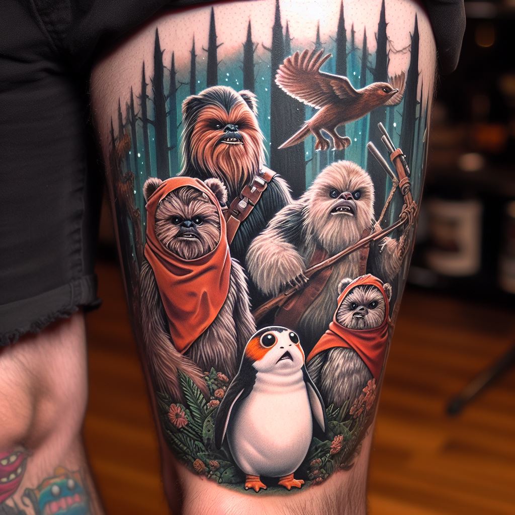 A leg tattoo featuring a collage of Star Wars creatures, including Ewoks, Wookiees, and Porgs, set in a forest landscape of Endor. The tattoo has a playful vibe, with each creature rendered in detail, showcasing their unique characteristics.