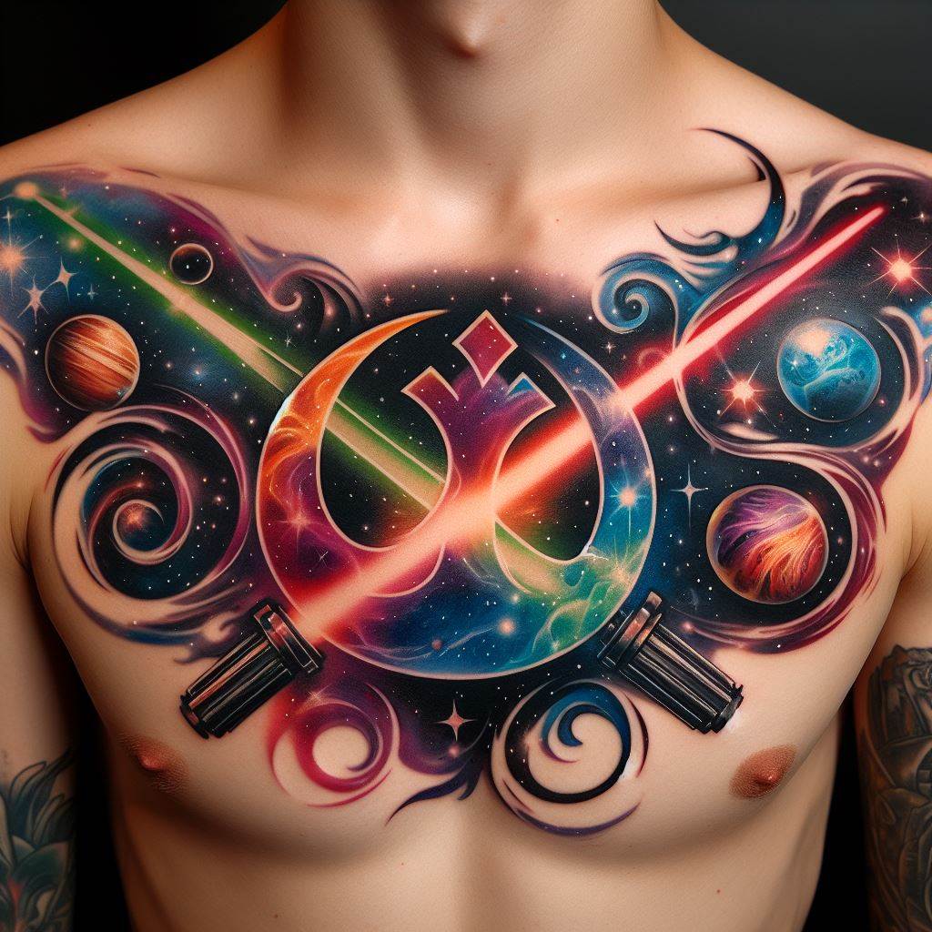 An upper chest tattoo of the Star Wars logo, with a twist of cosmic elements intertwined, such as stars, nebulas, and a lightsaber on each side, crossing behind the logo. The design incorporates vibrant colors to make the elements pop against the skin.