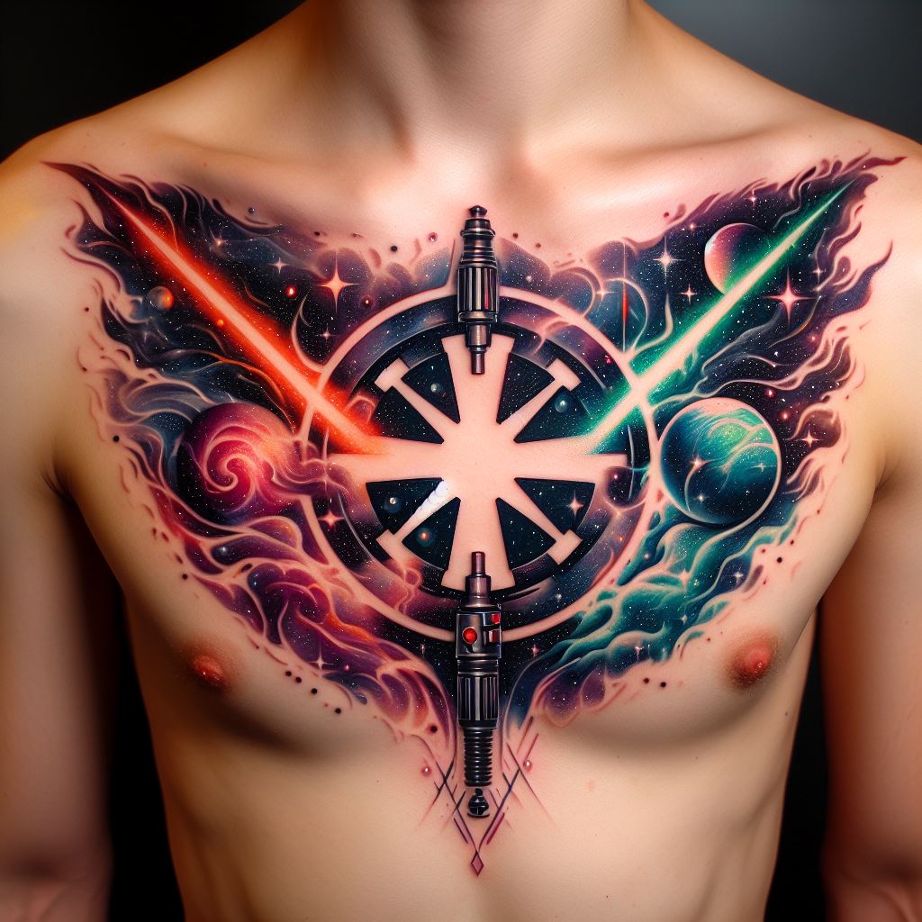 An upper chest tattoo of the Star Wars logo, with a twist of cosmic elements intertwined, such as stars, nebulas, and a lightsaber on each side, crossing behind the logo. The design incorporates vibrant colors to make the elements pop against the skin.