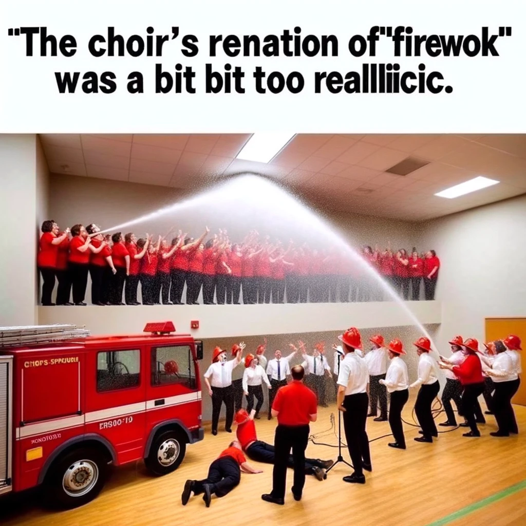 A hilarious image of a choir trying to perform while accidentally activating the fire alarm, leading to sprinklers going off. The caption reads, "The choir's rendition of 'Firework' was a bit too realistic."