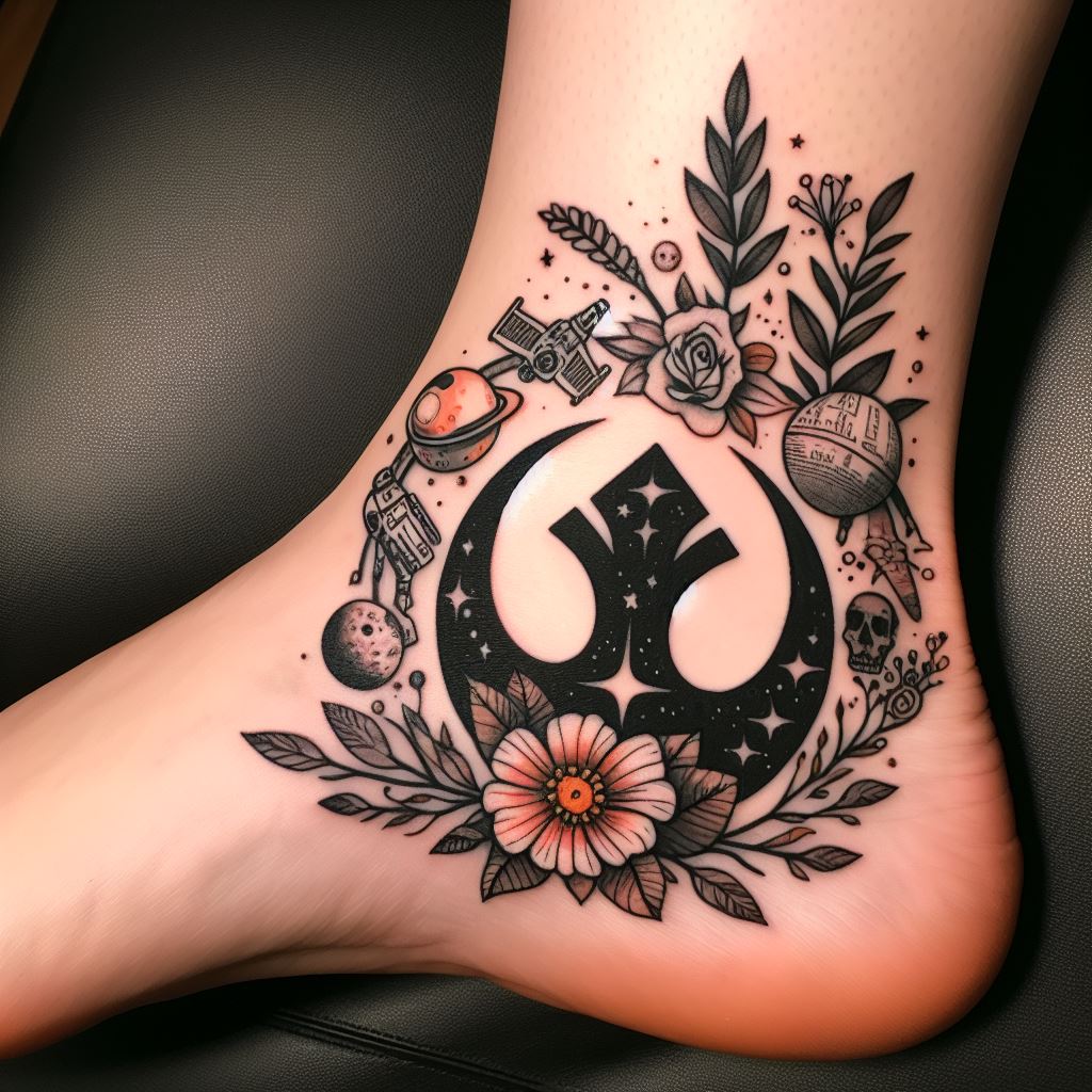 An ankle tattoo of the Rebel Alliance symbol, encircled by a floral wreath with elements from different planets in the Star Wars universe. The design combines the symbol with natural motifs to create a harmonious blend of rebellion and growth.