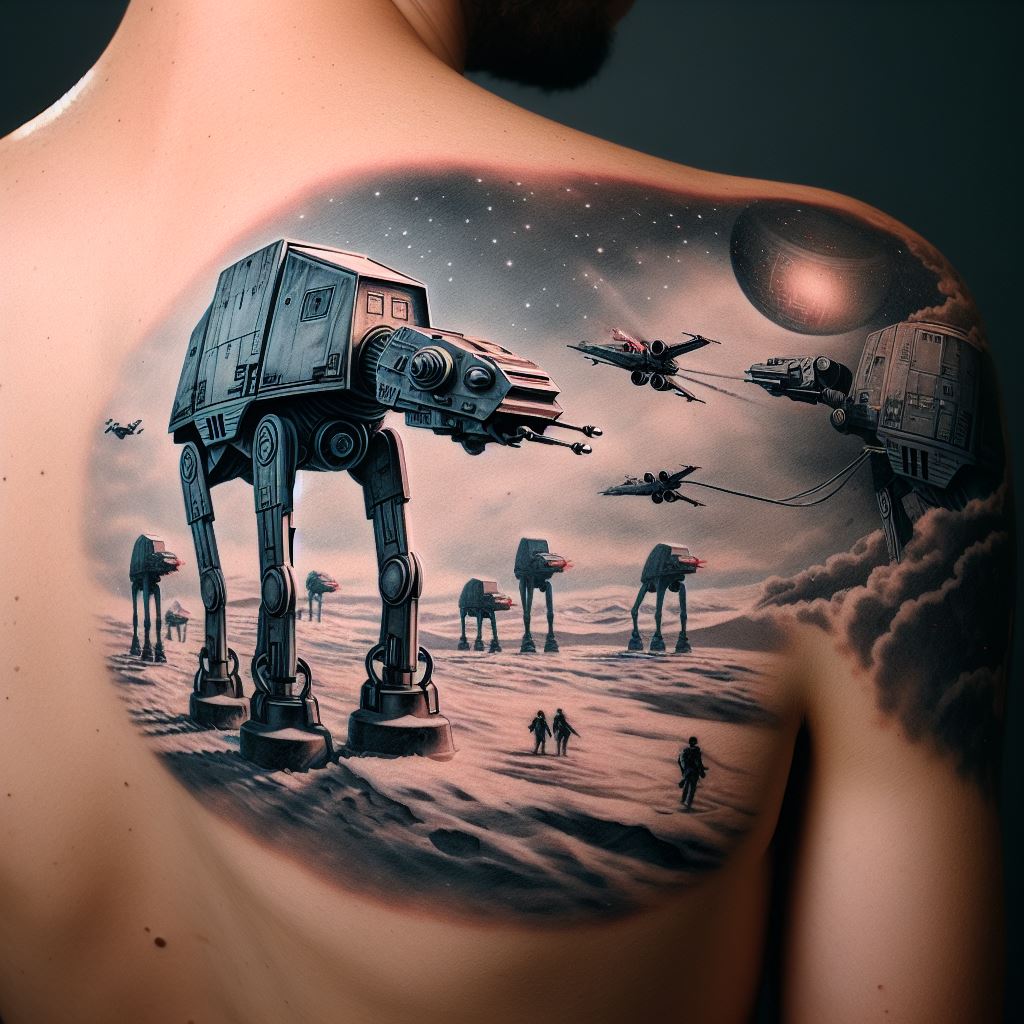 A shoulder blade tattoo showcasing a panoramic view of the Battle of Hoth, complete with AT-ATs, rebel turrets, and a snowspeeder tangled in a tow cable. The scene is captured with precision, emphasizing the vastness and intensity of the battle.