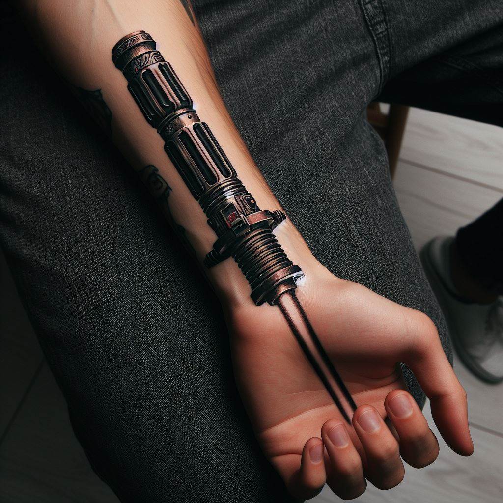 A wrist tattoo of a lightsaber, with the beam extending around the wrist like a bracelet. The design allows for the choice of lightsaber color, and includes detailed hilt engravings that reflect the personal style of the wearer.
