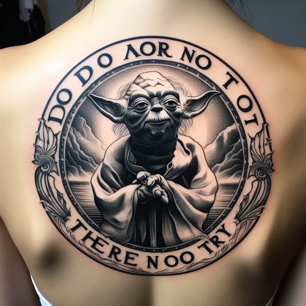 An intricate tattoo of Yoda in a meditative pose, with the words "Do or do not, there is no try" encircling him. This design is meant for the upper back, utilizing fine lines and shades to capture the wise expression of Yoda and the serene environment of Dagobah, with subtle hints of the Force surrounding him in a soft glow.