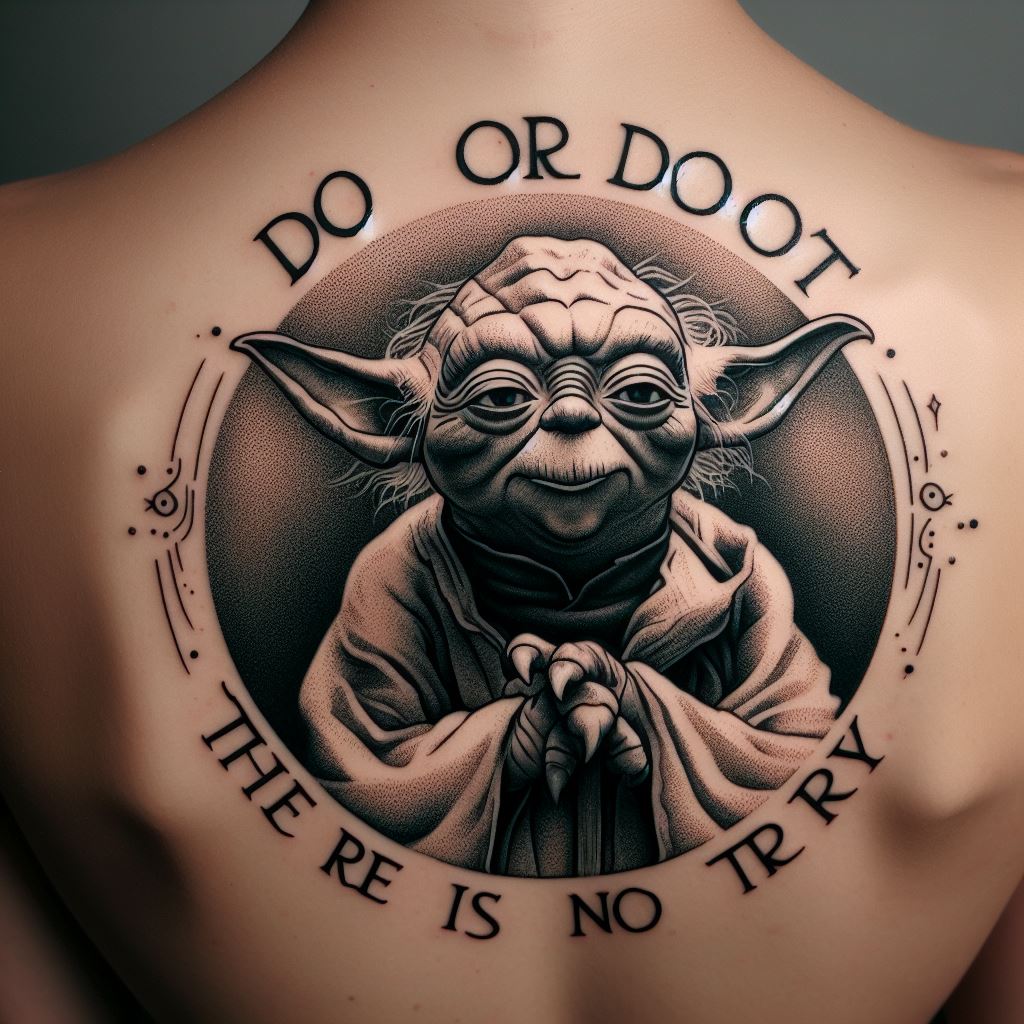 An intricate tattoo of Yoda in a meditative pose, with the words "Do or do not, there is no try" encircling him. This design is meant for the upper back, utilizing fine lines and shades to capture the wise expression of Yoda and the serene environment of Dagobah, with subtle hints of the Force surrounding him in a soft glow.