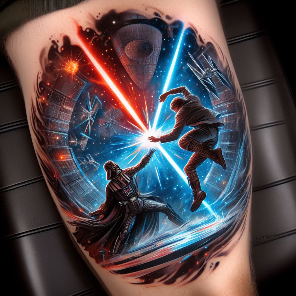 A dynamic tattoo featuring a duel between Darth Vader and Luke Skywalker on the Death Star. This tattoo, intended for the calf, captures the intense energy of the battle with vibrant lightsaber glows - red for Vader and blue for Luke. The background is a detailed rendition of the Death Star's interior, with sparks and smoke adding to the dramatic effect.