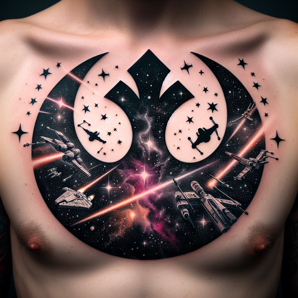 An elaborate tattoo of the Rebel Alliance symbol overlaying a starfield, with the silhouettes of various Rebel ships (X-Wings, A-Wings, and the Millennium Falcon) flying outwards. Designed for the chest, this tattoo symbolizes hope and resistance, using contrasting dark and light shades to create depth and a sense of vastness in the galaxy.