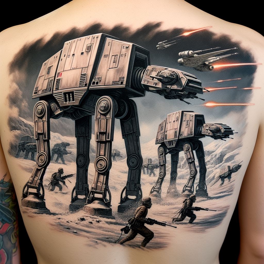 An epic tattoo of the Battle of Hoth, featuring AT-ATs advancing on the Rebel defenses, with snowspeeders weaving between their legs. Planned for the back, this piece captures the scale of the battle and the harsh environment of Hoth, using shading to create the illusion of snow and blaster fire.