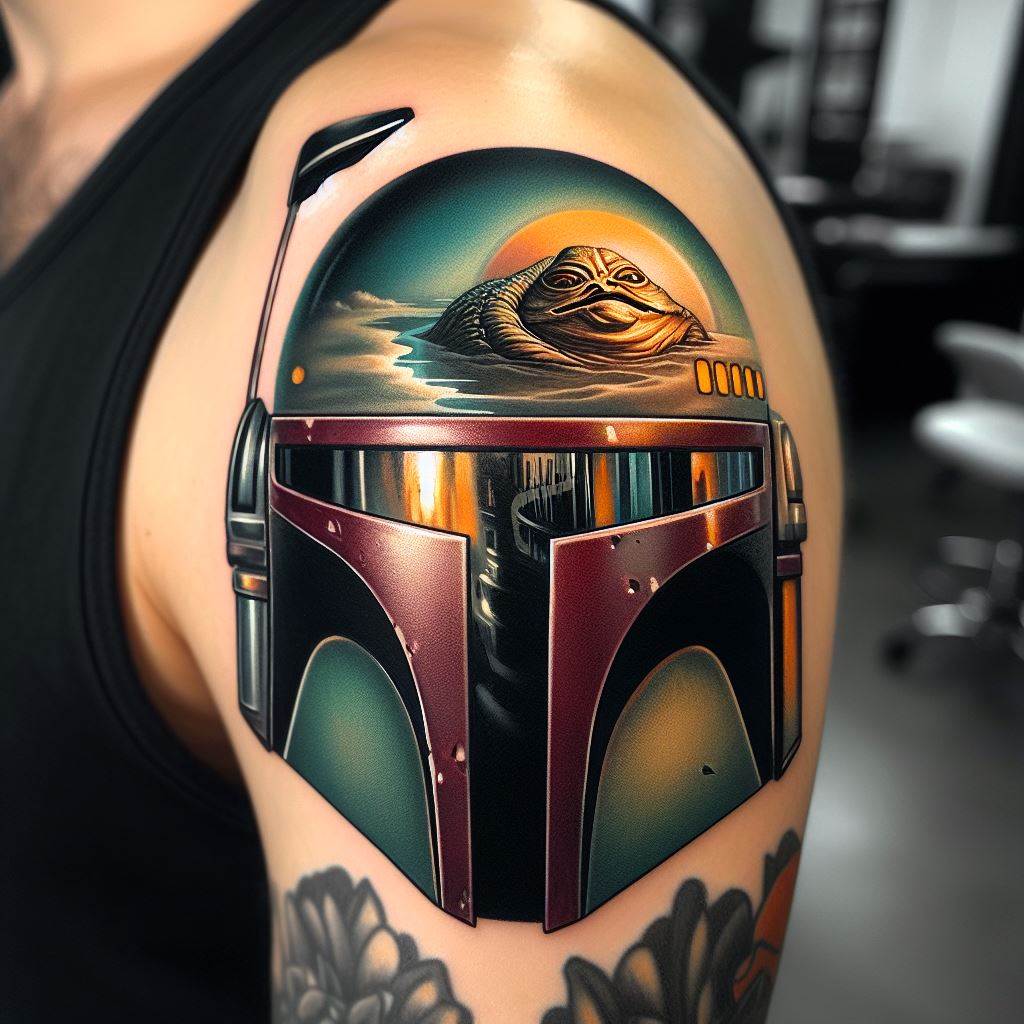 A tattoo of Boba Fett’s helmet, with reflections of Jabba's Palace and a Sarlacc pit in the visor. Ideal for the upper arm, this design focuses on the iconic helmet with intricate details, using color contrasts to highlight the reflections and adding a layer of storytelling to the character's journey.