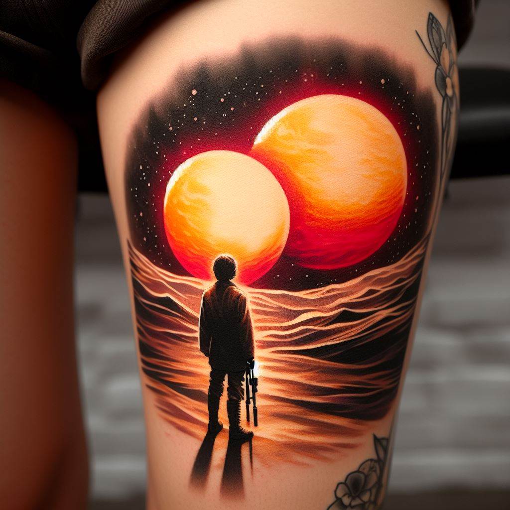 An artistic tattoo of the twin suns setting over Tatooine, with the silhouette of Luke Skywalker gazing towards them. This lower leg tattoo captures a pivotal moment of longing and destiny, using warm colors to depict the suns' glow and the vast desert landscape, invoking a sense of wonder and adventure.