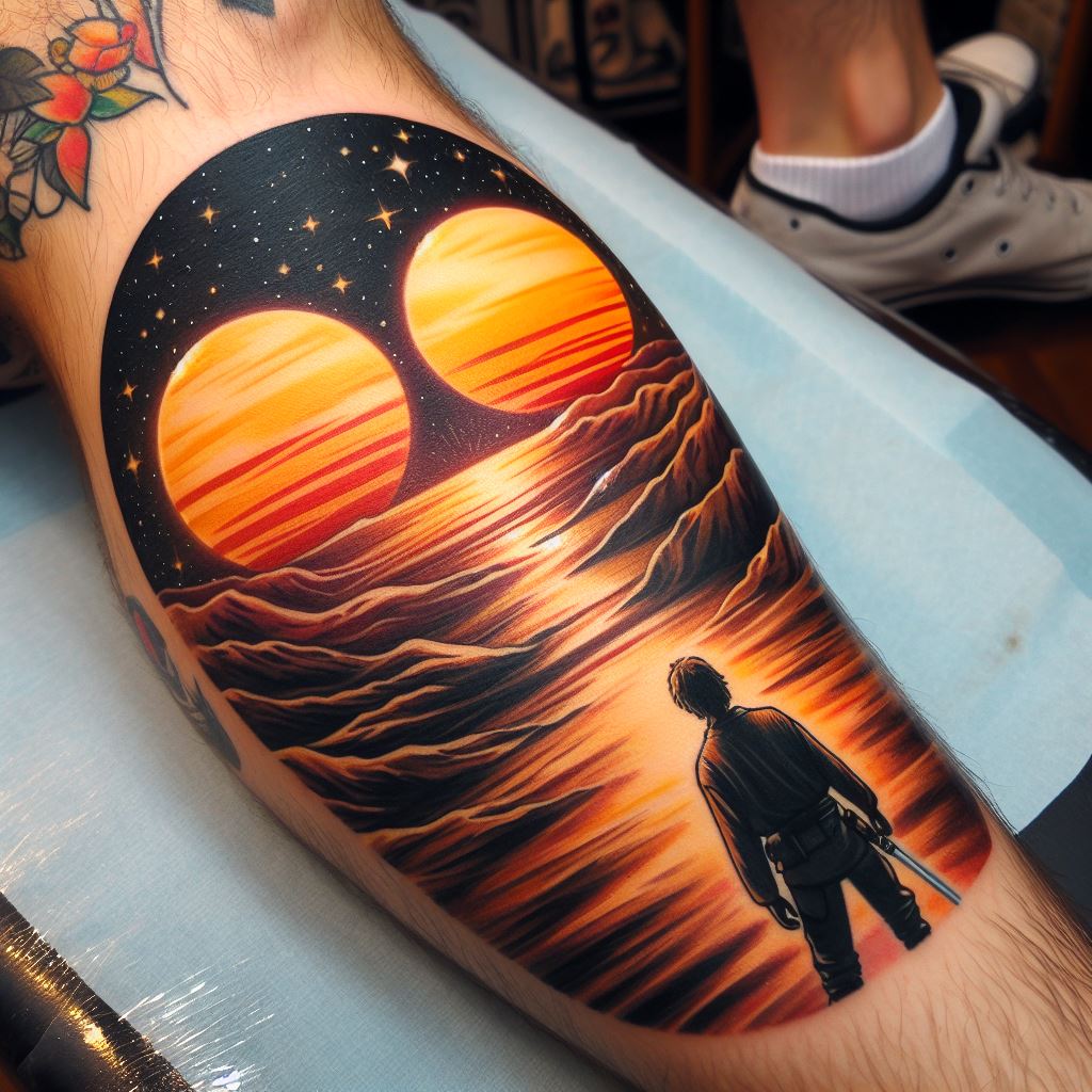 An artistic tattoo of the twin suns setting over Tatooine, with the silhouette of Luke Skywalker gazing towards them. This lower leg tattoo captures a pivotal moment of longing and destiny, using warm colors to depict the suns' glow and the vast desert landscape, invoking a sense of wonder and adventure.