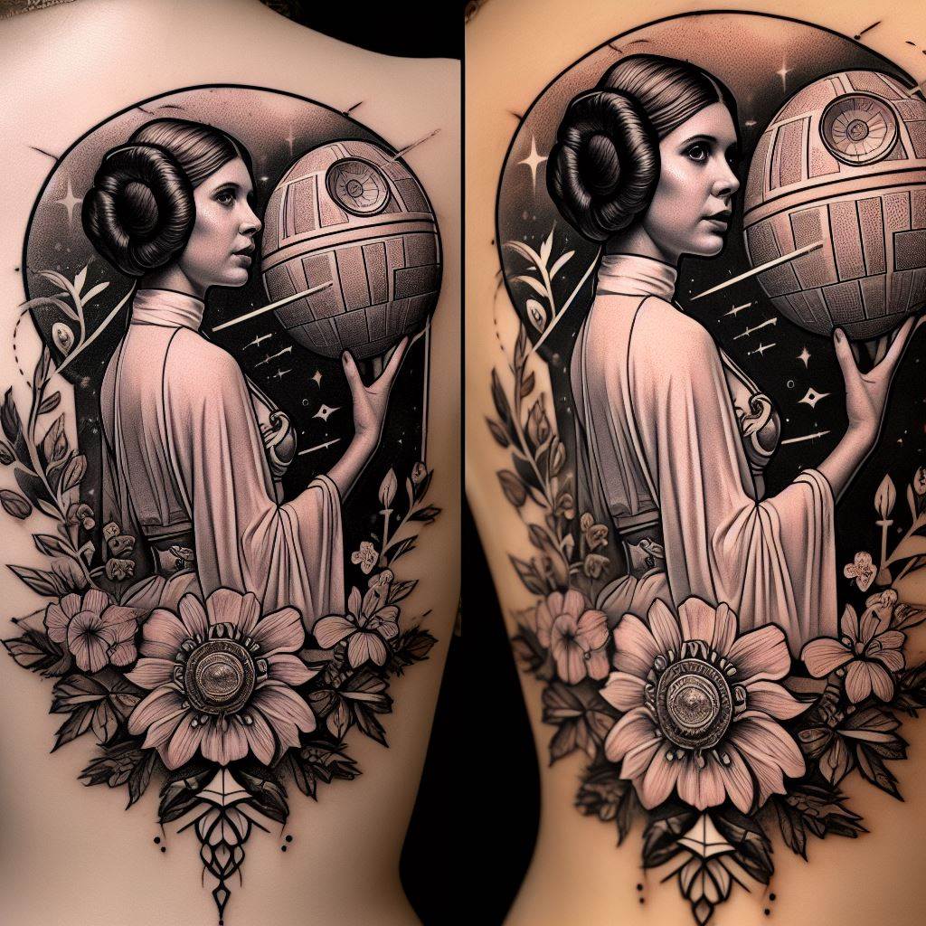 A tattoo of Princess Leia in her iconic pose holding the Death Star plans, surrounded by a floral wreath with elements of Alderaan. Designed for the side of the body, this tattoo combines the strength and grace of Leia, with detailed linework and shading to capture her likeness and the delicate beauty of the flowers, symbolizing hope and loss.
