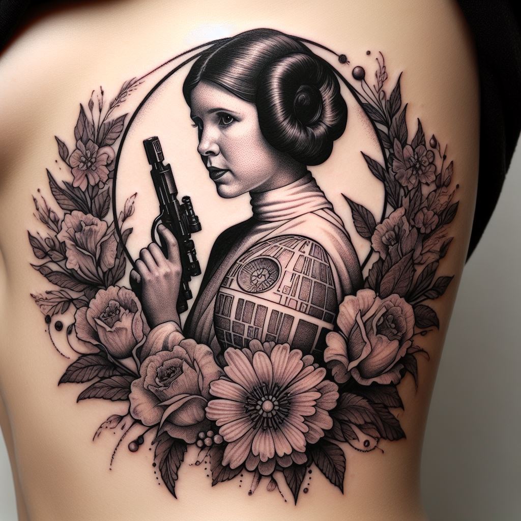 A tattoo of Princess Leia in her iconic pose holding the Death Star plans, surrounded by a floral wreath with elements of Alderaan. Designed for the side of the body, this tattoo combines the strength and grace of Leia, with detailed linework and shading to capture her likeness and the delicate beauty of the flowers, symbolizing hope and loss.