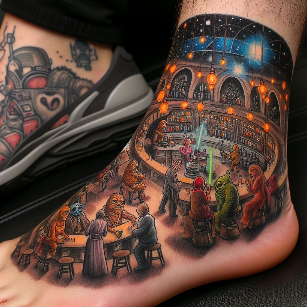 An imaginative tattoo of the inside of the Cantina from Mos Eisley, with a variety of alien patrons enjoying the music of Figrin D'an and the Modal Nodes. This wraparound tattoo for the ankle captures the lively atmosphere of the Cantina, with detailed character designs and a sense of depth that invites the viewer into this iconic Star Wars scene.