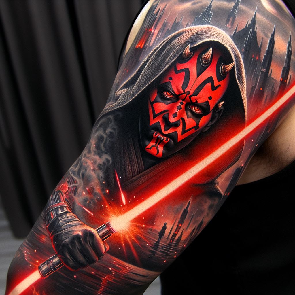 A sleeve tattoo depicting the iconic scene of Darth Maul igniting his double-bladed lightsaber in a menacing stance, set against the backdrop of the Naboo palace. This tattoo captures the intensity of the moment, with detailed shading to emphasize the glow of the red lightsaber and the intricate patterns of Maul's face tattoos, creating a striking contrast with the darker elements of the scene.