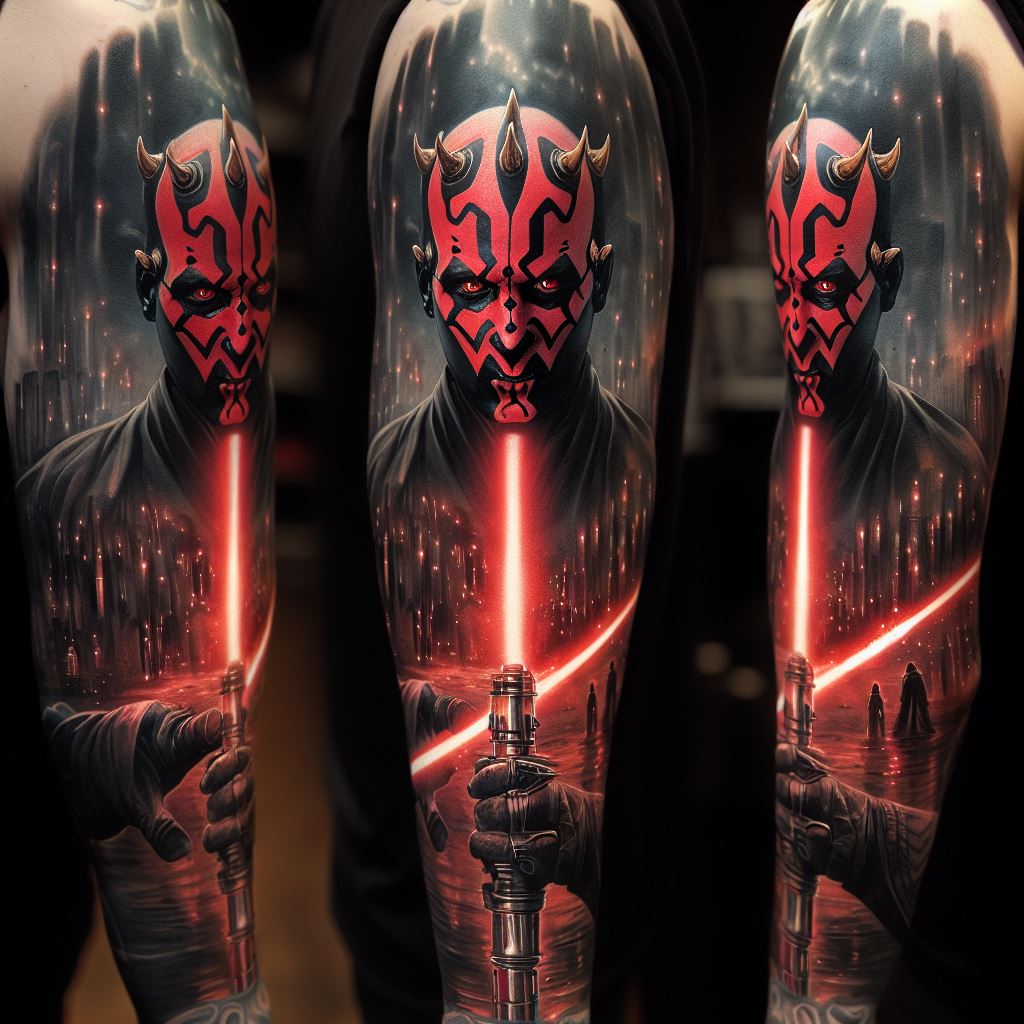 A sleeve tattoo depicting the iconic scene of Darth Maul igniting his double-bladed lightsaber in a menacing stance, set against the backdrop of the Naboo palace. This tattoo captures the intensity of the moment, with detailed shading to emphasize the glow of the red lightsaber and the intricate patterns of Maul's face tattoos, creating a striking contrast with the darker elements of the scene.
