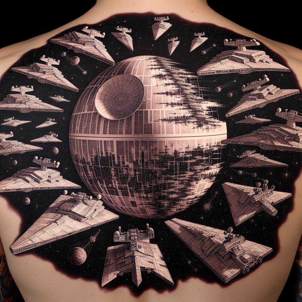 An elaborate tattoo of the Death Star in the process of being constructed, surrounded by a fleet of Star Destroyers. Intended for the back, this piece showcases the imposing might of the Empire, with fine lines detailing the structures of the ships and the incomplete Death Star, set against the vastness of space.