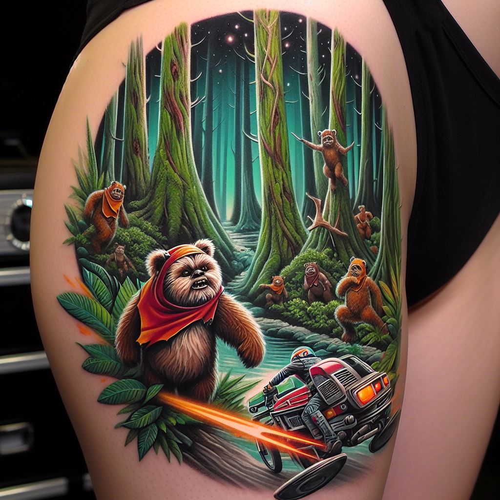 A vibrant tattoo of the forest moon of Endor, featuring Ewoks, towering trees, and a speeder bike chase. Designed for the thigh, this scene encapsulates the lively yet dangerous atmosphere of Endor, with rich greens and dynamic motion, capturing the Ewoks in action and the blur of the speeder bikes weaving through the forest.
