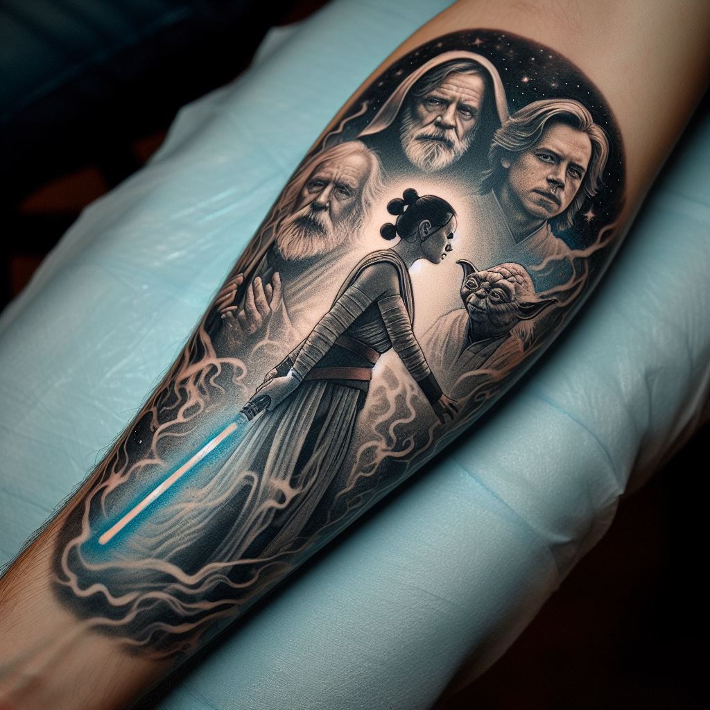 An intricate tattoo of Rey holding aloft Luke Skywalker's lightsaber, with the spirits of past Jedi visible in the background. Placed on the forearm, this design symbolizes the continuation of the Jedi legacy, with ethereal figures of Yoda, Obi-Wan, and Luke rendered in subtle shades, emphasizing the pivotal moment of Rey's journey.