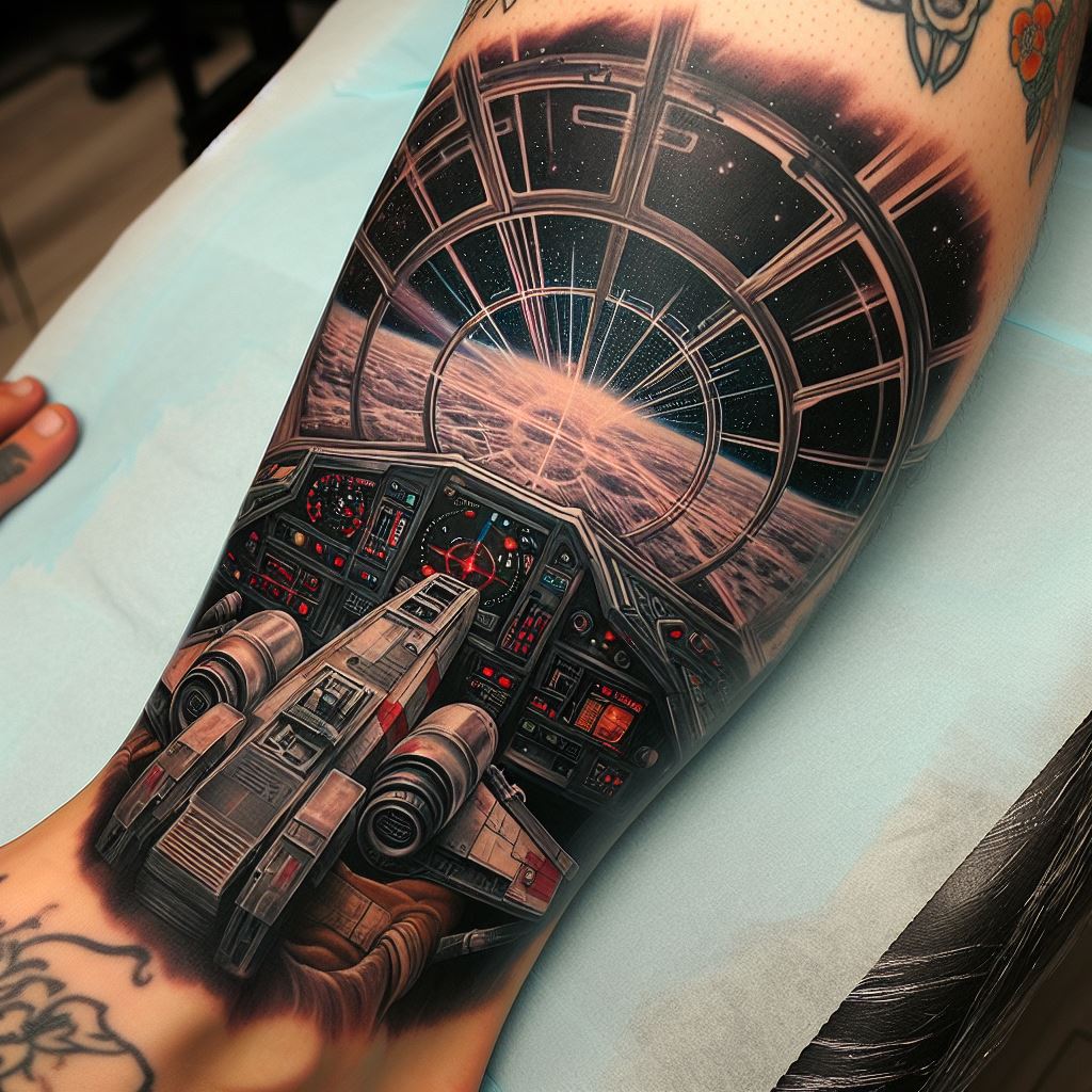 A detailed tattoo of the interior cockpit view from an X-Wing fighter, targeting the Death Star's exhaust port. Designed for the calf, this piece puts the wearer in the pilot's seat, with detailed instrument panels and the targeting computer's readout, creating an immersive experience of the crucial moment in the Rebel Alliance's victory.