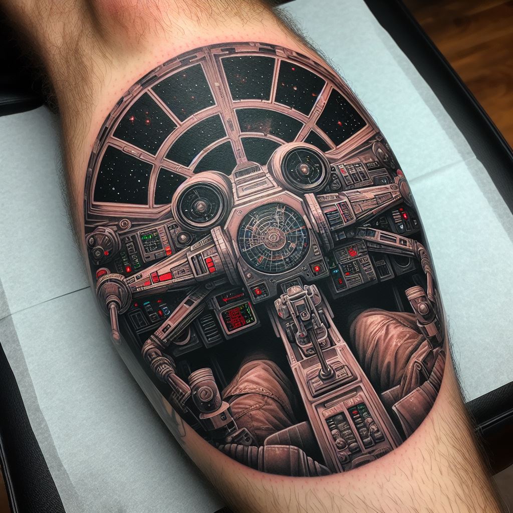 A detailed tattoo of the interior cockpit view from an X-Wing fighter, targeting the Death Star's exhaust port. Designed for the calf, this piece puts the wearer in the pilot's seat, with detailed instrument panels and the targeting computer's readout, creating an immersive experience of the crucial moment in the Rebel Alliance's victory.