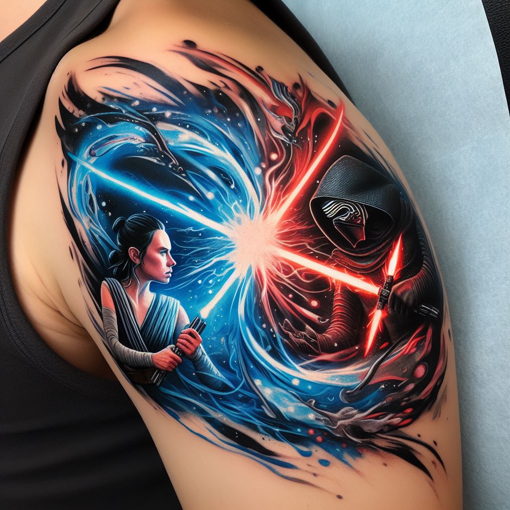 An artistic tattoo of Kylo Ren and Rey clashing lightsabers, with the Force energy swirling around them. Intended for the upper arm, this design captures the dynamic relationship between the two characters, with vivid blues and reds to represent their respective lightsabers and the complexity of their connection highlighted by the flowing Force energy.