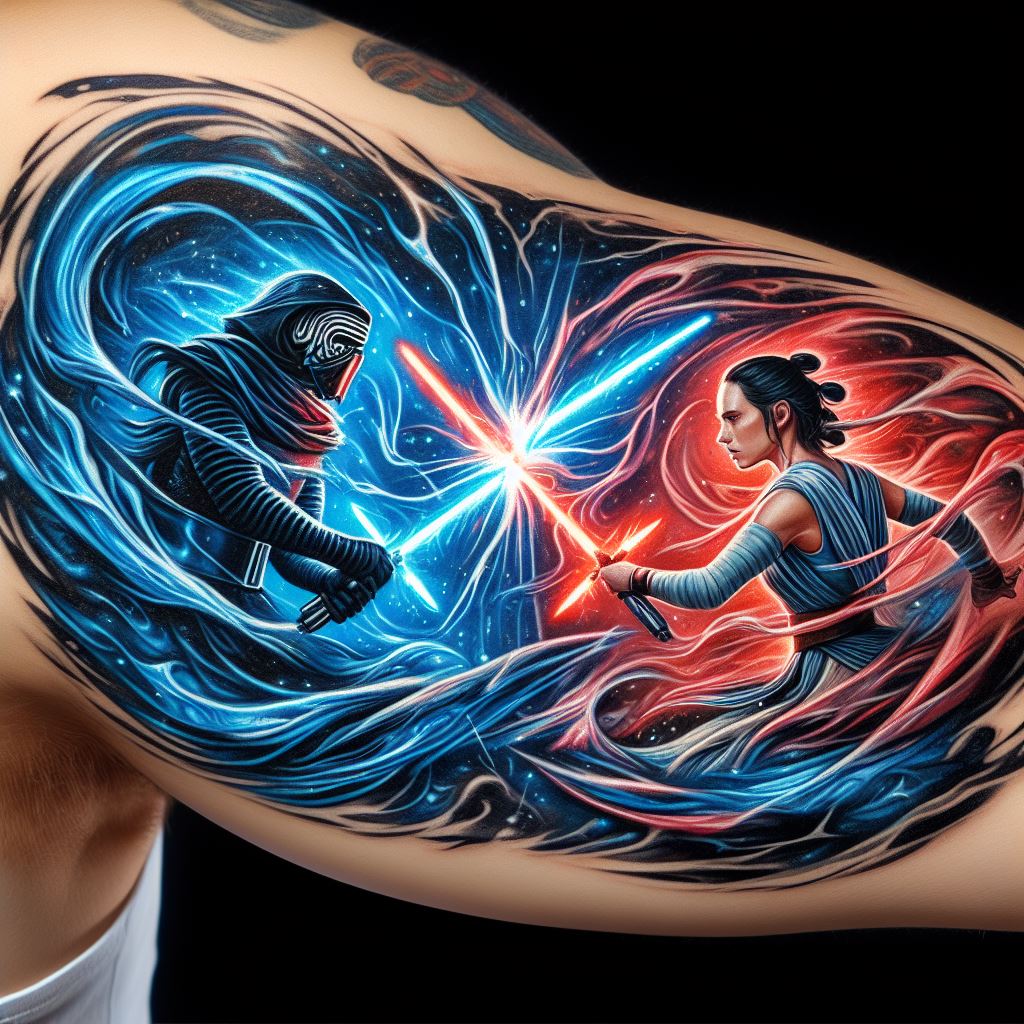 An artistic tattoo of Kylo Ren and Rey clashing lightsabers, with the Force energy swirling around them. Intended for the upper arm, this design captures the dynamic relationship between the two characters, with vivid blues and reds to represent their respective lightsabers and the complexity of their connection highlighted by the flowing Force energy.