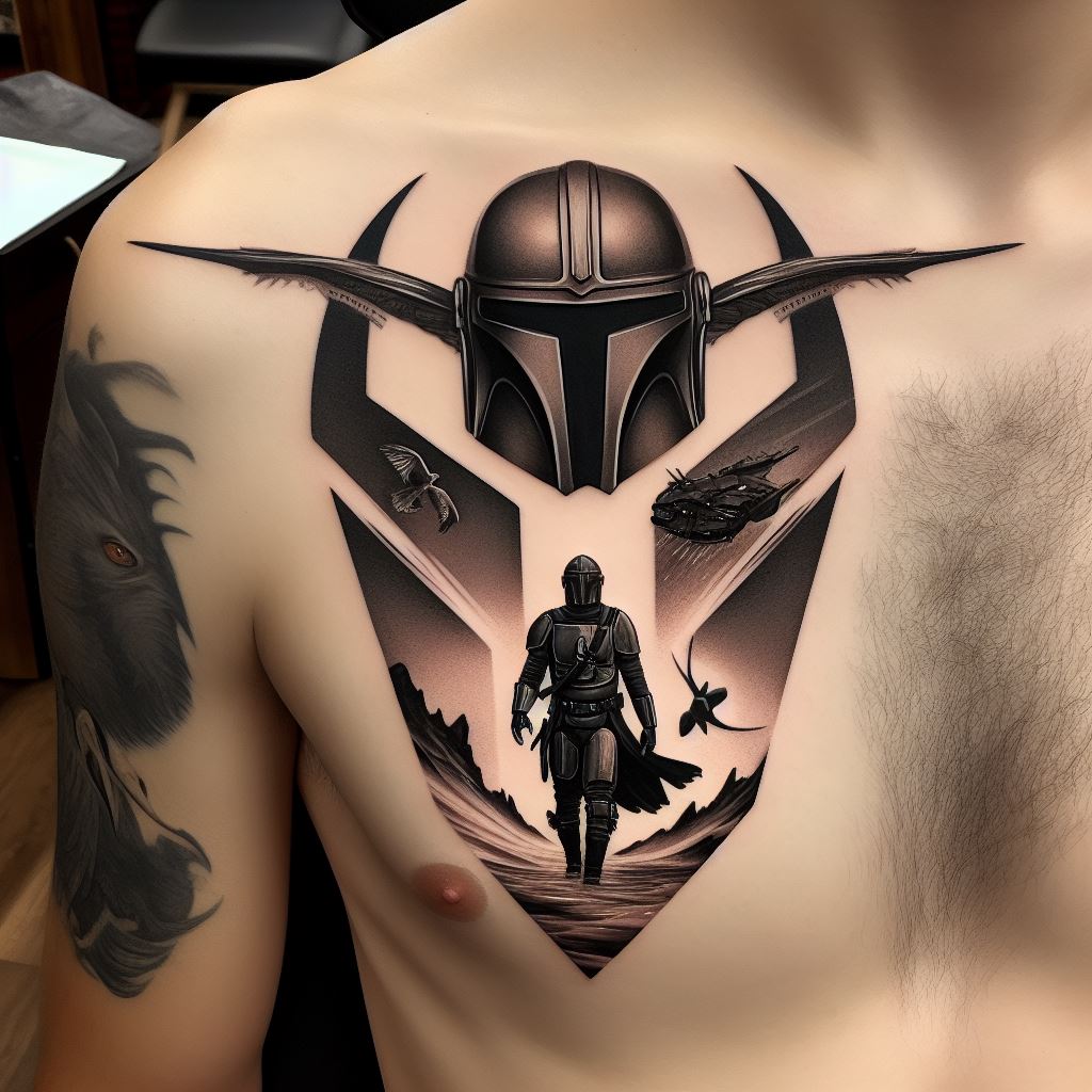 A tattoo of the Mandalorian symbol, with a detailed depiction of the Razor Crest flying above and the silhouette of the Mandalorian and Grogu walking below. Placed on the chest, this piece pays homage to the bond between the characters and their journey, with sharp lines for the symbol and detailed shading for the figures and ship.