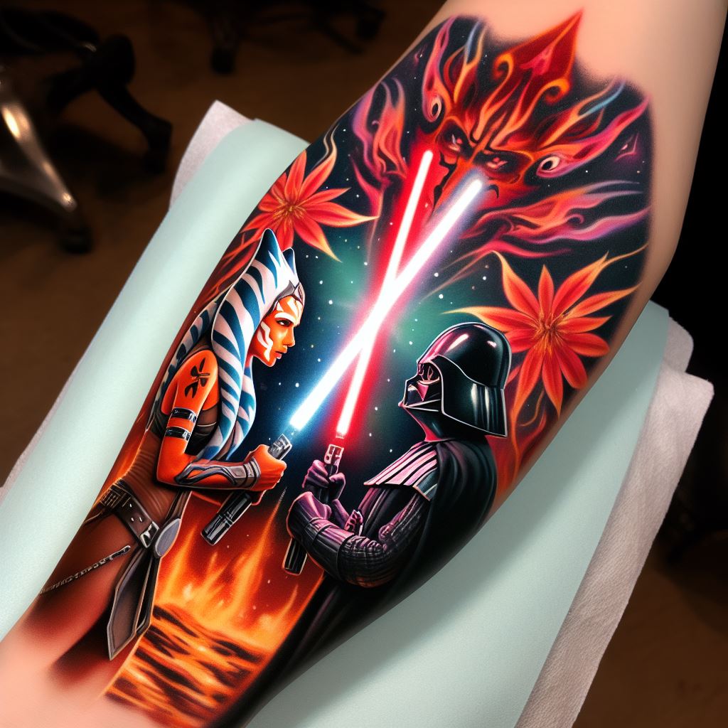 A vibrant tattoo of Ahsoka Tano and Darth Vader's lightsaber duel, set against the backdrop of a burning temple. Intended for the forearm, this piece captures the intensity and emotion of their confrontation, with Ahsoka's twin white lightsabers and Vader's red one clashing in a blaze of colors, surrounded by the fiery destruction of the temple.