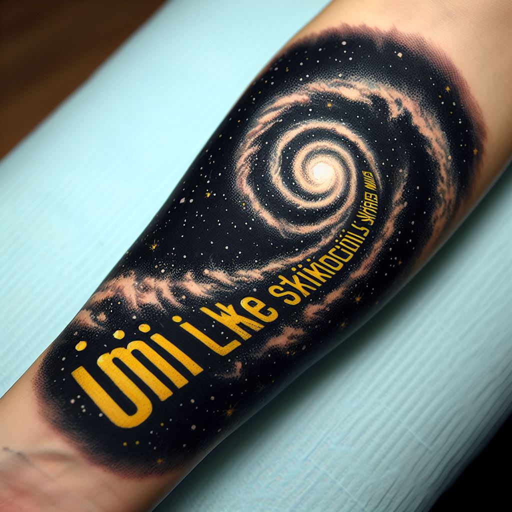An intricate tattoo of the iconic opening crawl text, spiraling up the arm, starting from the wrist and ending at the shoulder, with tiny stars and the edge of a galaxy swirling in the background. This unique piece captures the essence of Star Wars, inviting the wearer and viewer into the expansive universe with the familiar yellow text against the deep black of space, symbolizing the beginning of an epic journey.