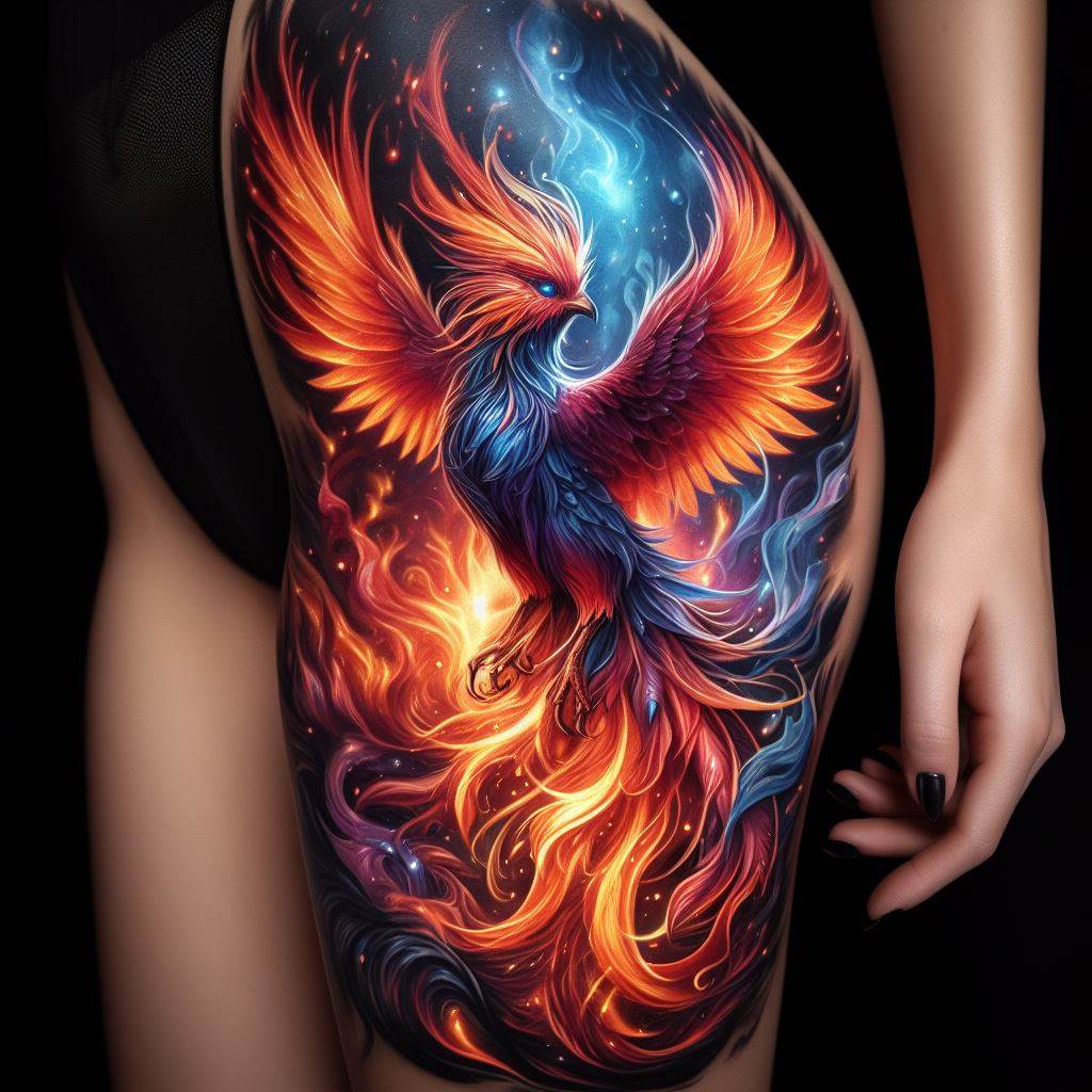 A vibrant thigh tattoo featuring a majestic phoenix rising from flames. The tattoo should display an array of fiery colors—reds, oranges, and yellows—interspersed with hints of blue and purple to give it a mystical appearance. The phoenix's feathers are intricately detailed, with each plume shimmering in the light, and its eyes are a piercing electric blue, capturing the essence of rebirth and power. The flames are realistically drawn, with dynamic shades that suggest movement, wrapping gracefully around the thigh to accentuate its form.