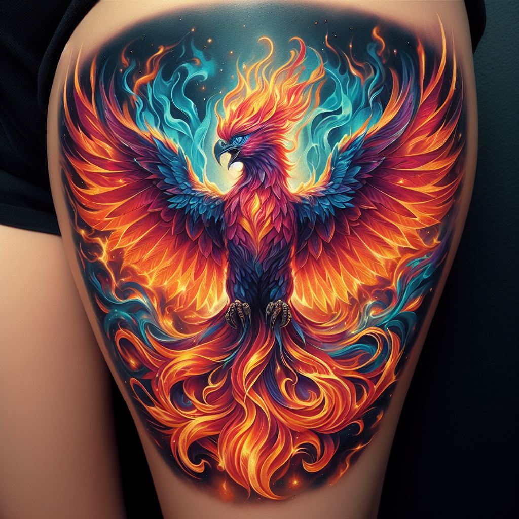 A vibrant thigh tattoo featuring a majestic phoenix rising from flames. The tattoo should display an array of fiery colors—reds, oranges, and yellows—interspersed with hints of blue and purple to give it a mystical appearance. The phoenix's feathers are intricately detailed, with each plume shimmering in the light, and its eyes are a piercing electric blue, capturing the essence of rebirth and power. The flames are realistically drawn, with dynamic shades that suggest movement, wrapping gracefully around the thigh to accentuate its form.