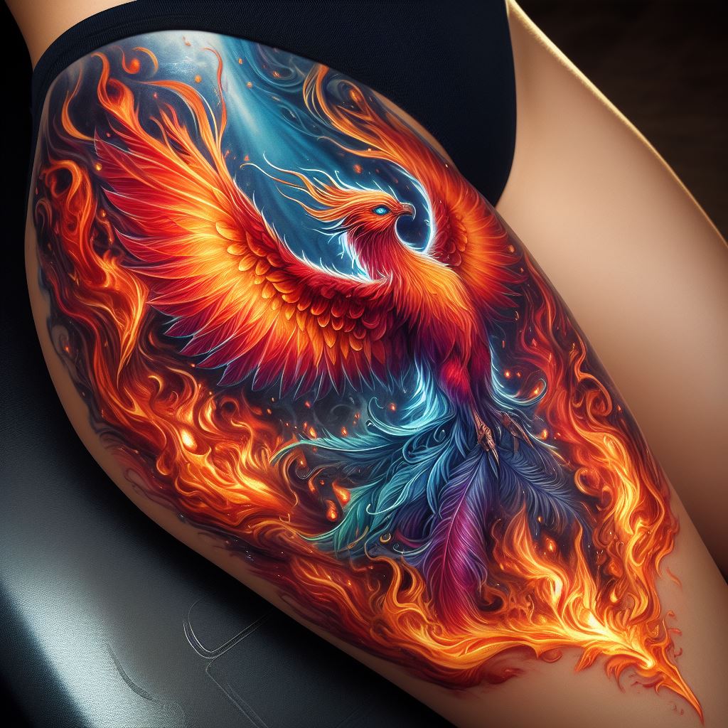 A vibrant thigh tattoo featuring a majestic phoenix rising from flames. The tattoo should display an array of fiery colors—reds, oranges, and yellows—interspersed with hints of blue and purple to give it a mystical appearance. The phoenix's feathers are intricately detailed, with each plume shimmering in the light, and its eyes are a piercing electric blue, capturing the essence of rebirth and power. The flames are realistically drawn, with dynamic shades that suggest movement, wrapping gracefully around the thigh to accentuate its form.