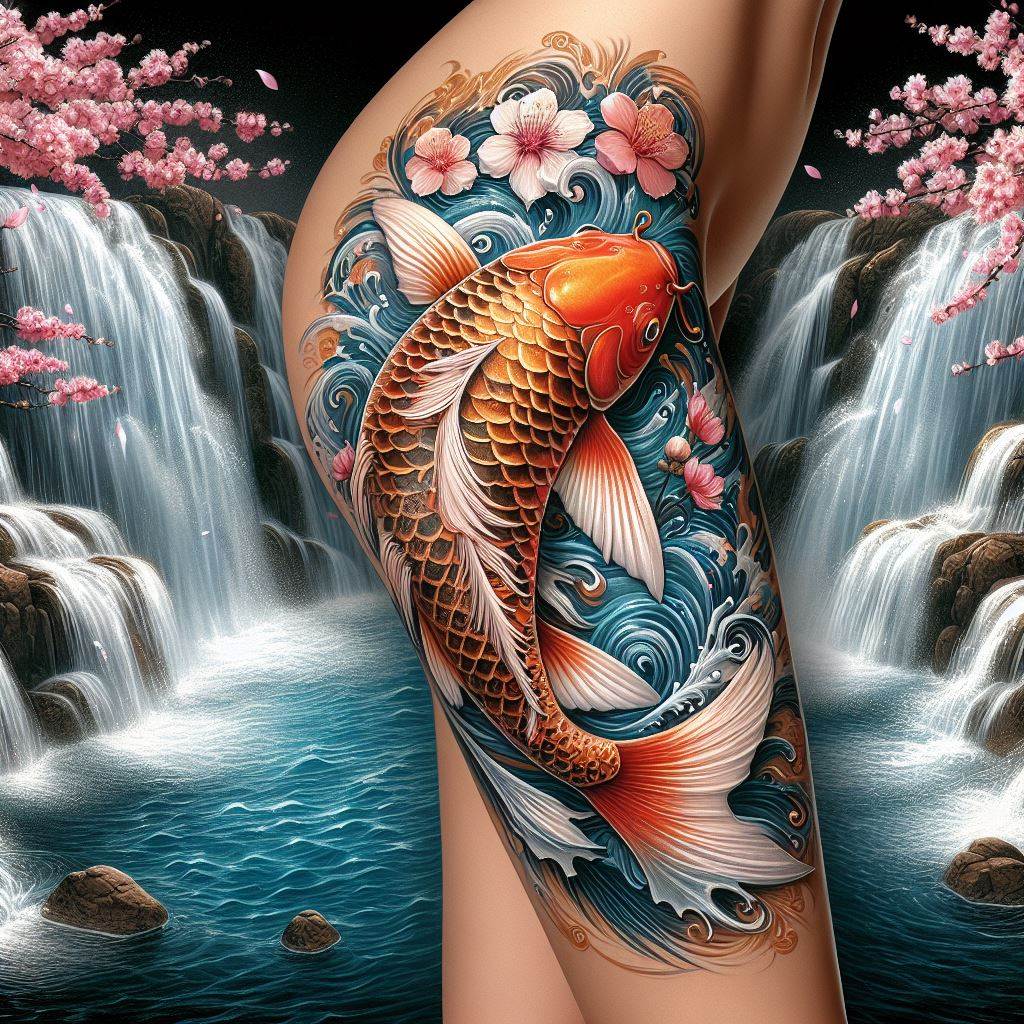 An intricate thigh tattoo of a Japanese koi fish swimming upstream against a backdrop of cascading waterfalls and cherry blossoms. The koi fish, symbolizing perseverance and strength, should be colored in vibrant hues of orange, white, and gold, with scales that glisten as if touched by sunlight. The waterfalls are drawn with a sense of motion, their white froth contrasting with the serene blue waters. Cherry blossoms in full bloom, delicate and pink, float gently around, adding a touch of tranquility and renewal.