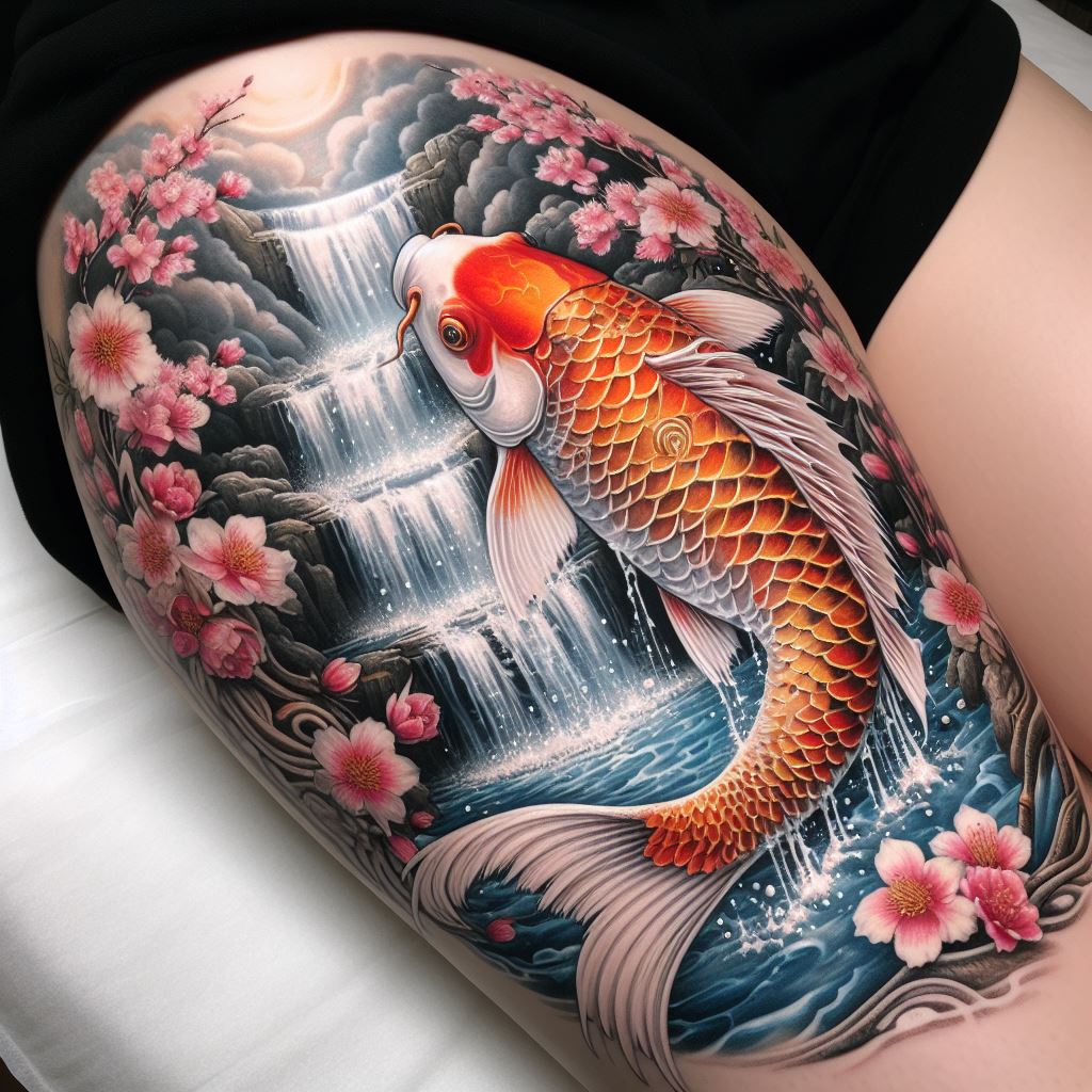 An intricate thigh tattoo of a Japanese koi fish swimming upstream against a backdrop of cascading waterfalls and cherry blossoms. The koi fish, symbolizing perseverance and strength, should be colored in vibrant hues of orange, white, and gold, with scales that glisten as if touched by sunlight. The waterfalls are drawn with a sense of motion, their white froth contrasting with the serene blue waters. Cherry blossoms in full bloom, delicate and pink, float gently around, adding a touch of tranquility and renewal.