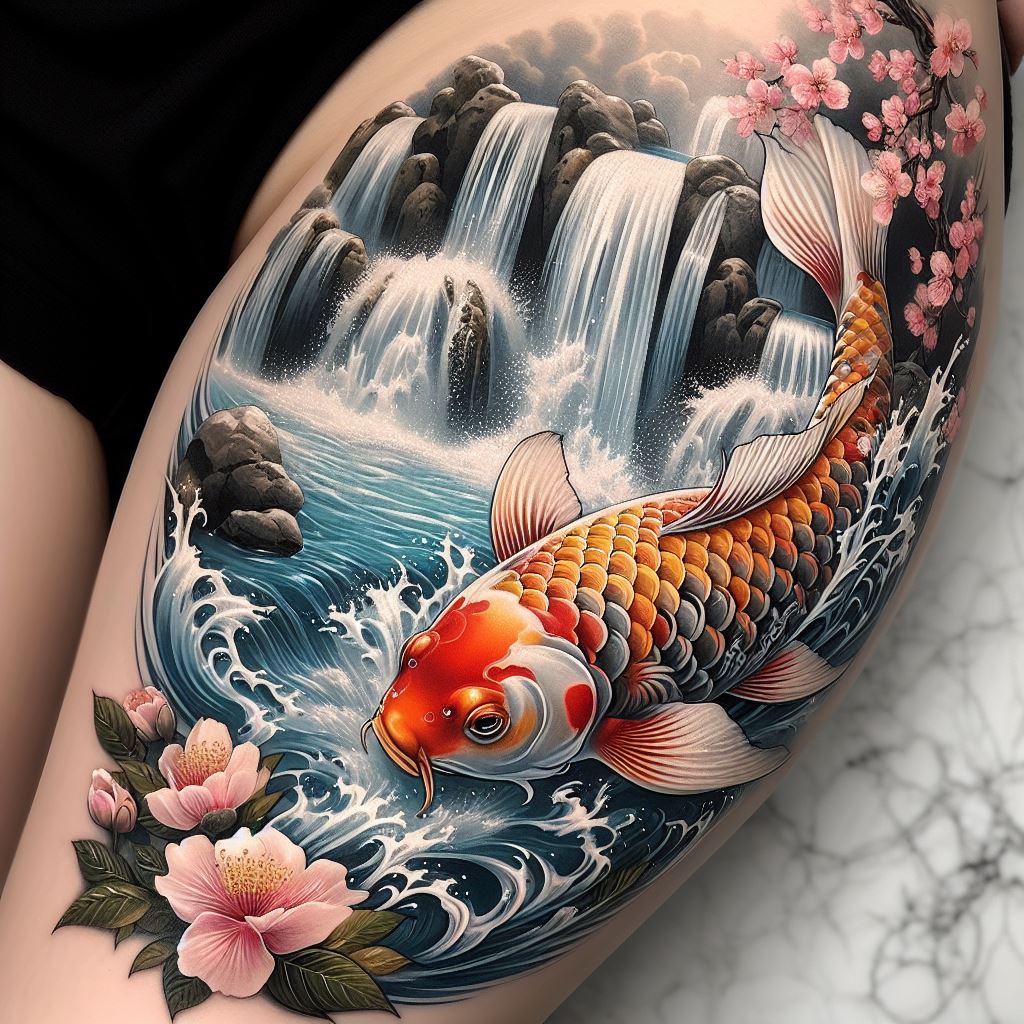 An intricate thigh tattoo of a Japanese koi fish swimming upstream against a backdrop of cascading waterfalls and cherry blossoms. The koi fish, symbolizing perseverance and strength, should be colored in vibrant hues of orange, white, and gold, with scales that glisten as if touched by sunlight. The waterfalls are drawn with a sense of motion, their white froth contrasting with the serene blue waters. Cherry blossoms in full bloom, delicate and pink, float gently around, adding a touch of tranquility and renewal.