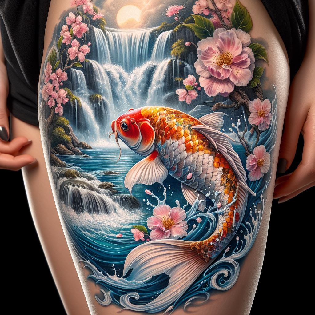 An intricate thigh tattoo of a Japanese koi fish swimming upstream against a backdrop of cascading waterfalls and cherry blossoms. The koi fish, symbolizing perseverance and strength, should be colored in vibrant hues of orange, white, and gold, with scales that glisten as if touched by sunlight. The waterfalls are drawn with a sense of motion, their white froth contrasting with the serene blue waters. Cherry blossoms in full bloom, delicate and pink, float gently around, adding a touch of tranquility and renewal.