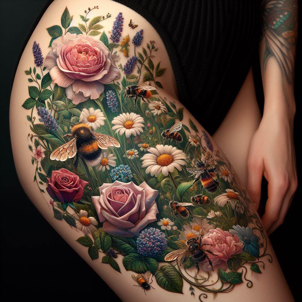 A botanical thigh tattoo featuring a lush garden scene with a variety of flowers and insects. This tattoo should be a tapestry of nature's beauty, showcasing detailed roses, daisies, and lavender, intertwined with creeping ivy and ferns. Among the flora, small creatures like honeybees, ladybugs, and butterflies are depicted, each with vivid colors and lifelike detail. The entire scene is harmonious and vibrant, evoking a sense of growth and the interconnectedness of life.