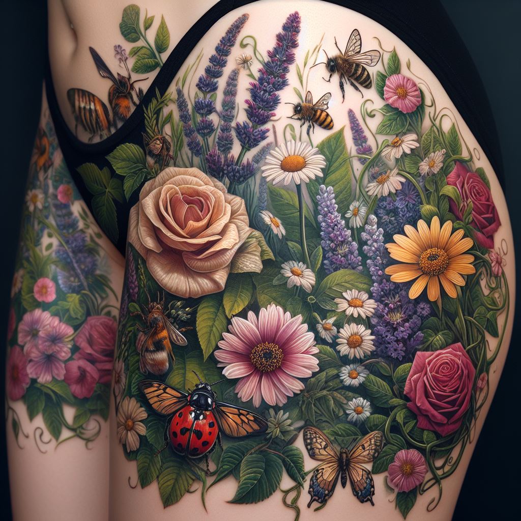 A botanical thigh tattoo featuring a lush garden scene with a variety of flowers and insects. This tattoo should be a tapestry of nature's beauty, showcasing detailed roses, daisies, and lavender, intertwined with creeping ivy and ferns. Among the flora, small creatures like honeybees, ladybugs, and butterflies are depicted, each with vivid colors and lifelike detail. The entire scene is harmonious and vibrant, evoking a sense of growth and the interconnectedness of life.