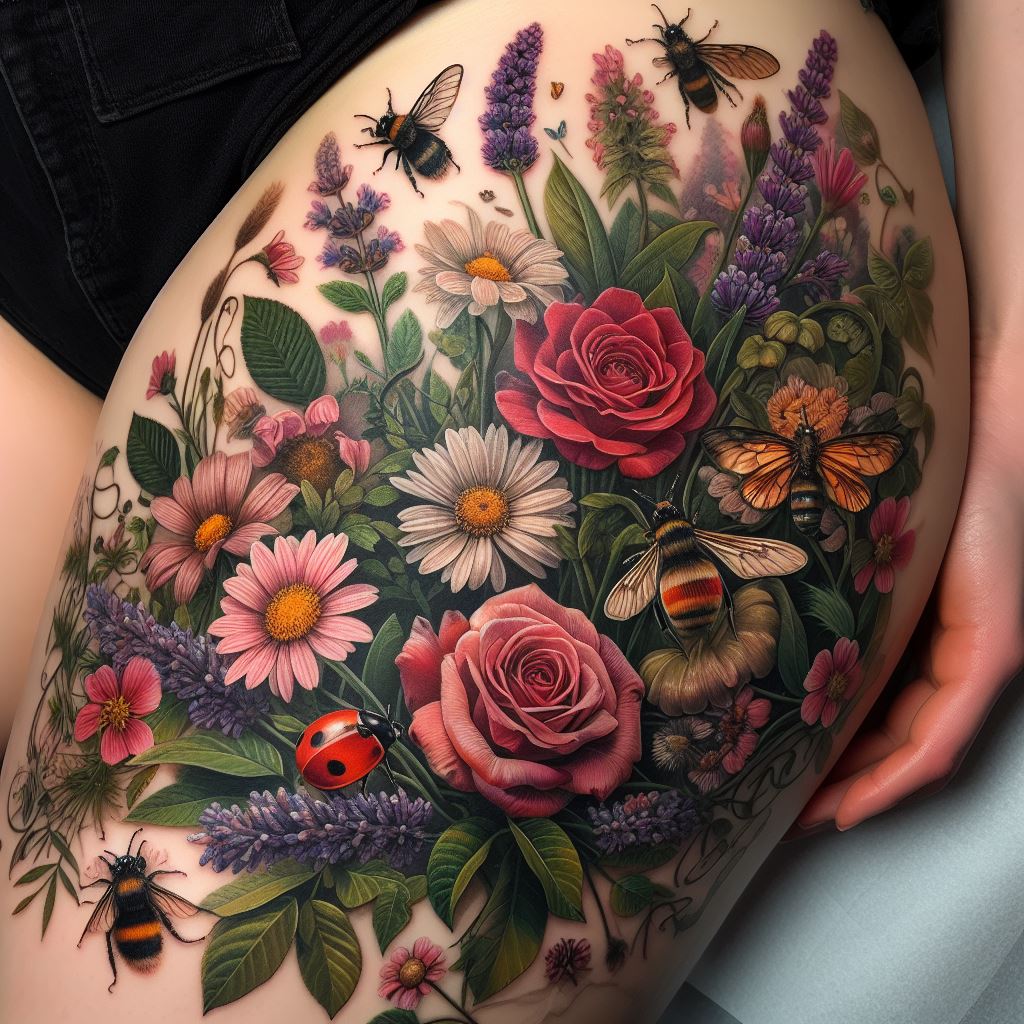 A botanical thigh tattoo featuring a lush garden scene with a variety of flowers and insects. This tattoo should be a tapestry of nature's beauty, showcasing detailed roses, daisies, and lavender, intertwined with creeping ivy and ferns. Among the flora, small creatures like honeybees, ladybugs, and butterflies are depicted, each with vivid colors and lifelike detail. The entire scene is harmonious and vibrant, evoking a sense of growth and the interconnectedness of life.