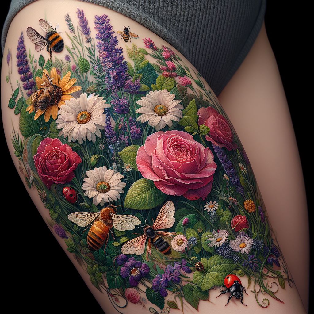 A botanical thigh tattoo featuring a lush garden scene with a variety of flowers and insects. This tattoo should be a tapestry of nature's beauty, showcasing detailed roses, daisies, and lavender, intertwined with creeping ivy and ferns. Among the flora, small creatures like honeybees, ladybugs, and butterflies are depicted, each with vivid colors and lifelike detail. The entire scene is harmonious and vibrant, evoking a sense of growth and the interconnectedness of life.