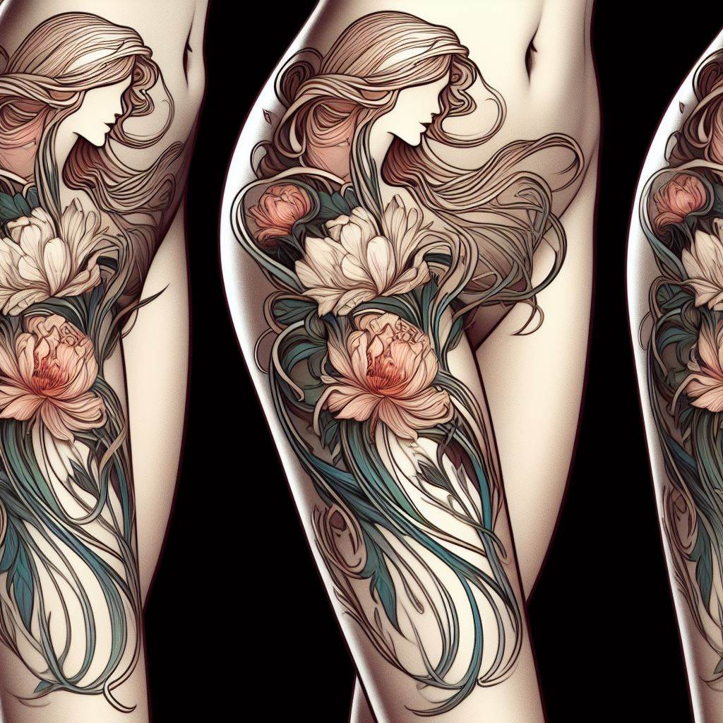 An art nouveau-inspired thigh tattoo with elegant, flowing lines and natural motifs. The tattoo should highlight the distinctive art nouveau style, with long, curving lines that mimic the forms of plants and flowers. Central to the design is a stylized woman with flowing hair, entwined with peonies and lilies, her form merging seamlessly with the natural elements. The colors are soft and muted, with pops of iridescent tones that catch the light, creating a timeless and ethereal piece.