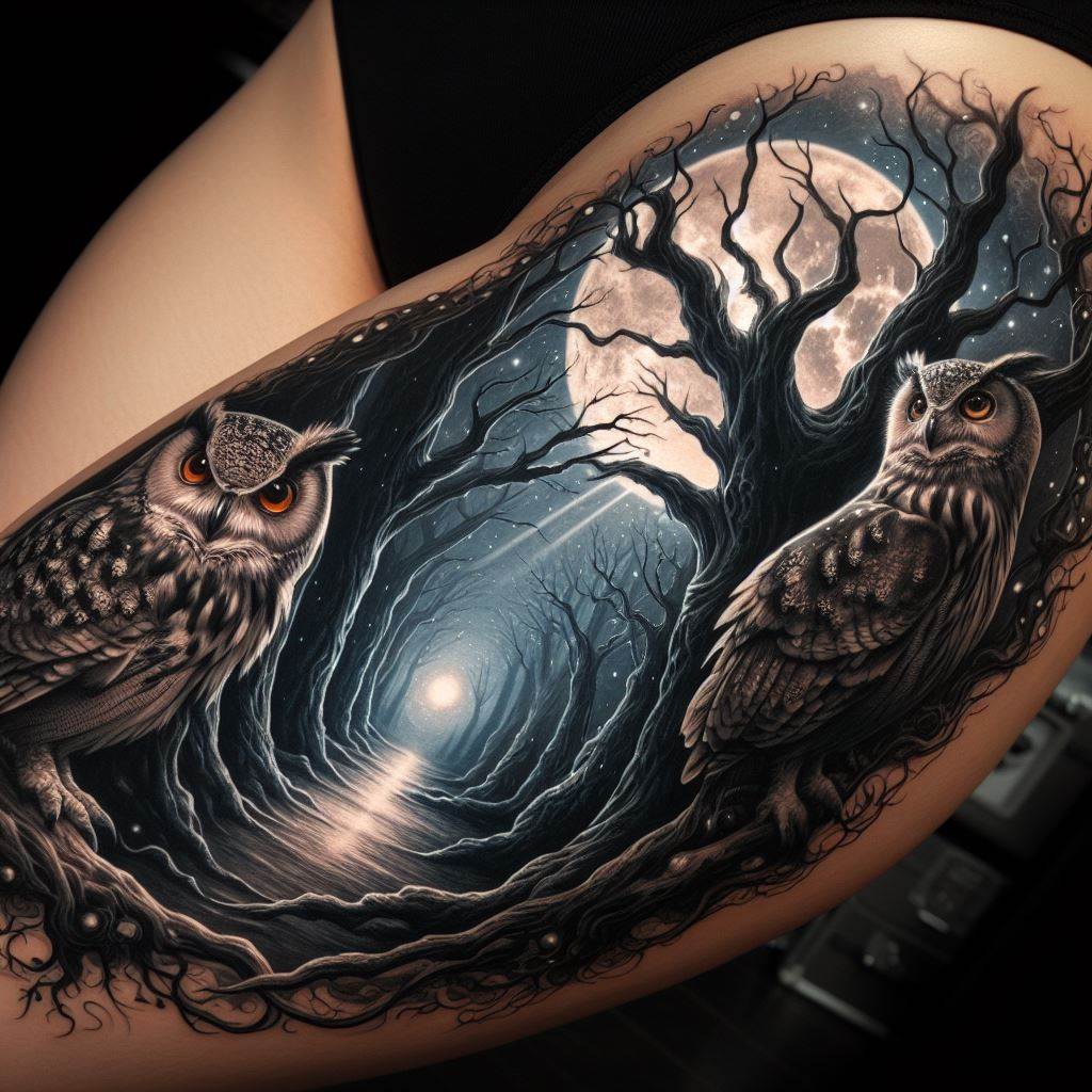 A gothic thigh tattoo with a dark forest theme, including an ancient tree, owls, and a moonlit sky. The tree should be imposing, with gnarled branches that reach out, creating a sense of mystery and intrigue. Owls with glowing eyes perch among the branches, their feathers detailed for a realistic effect. The background features a full moon casting a soft light through the forest, illuminating paths and shadows, creating a scene that's both eerie and captivating.