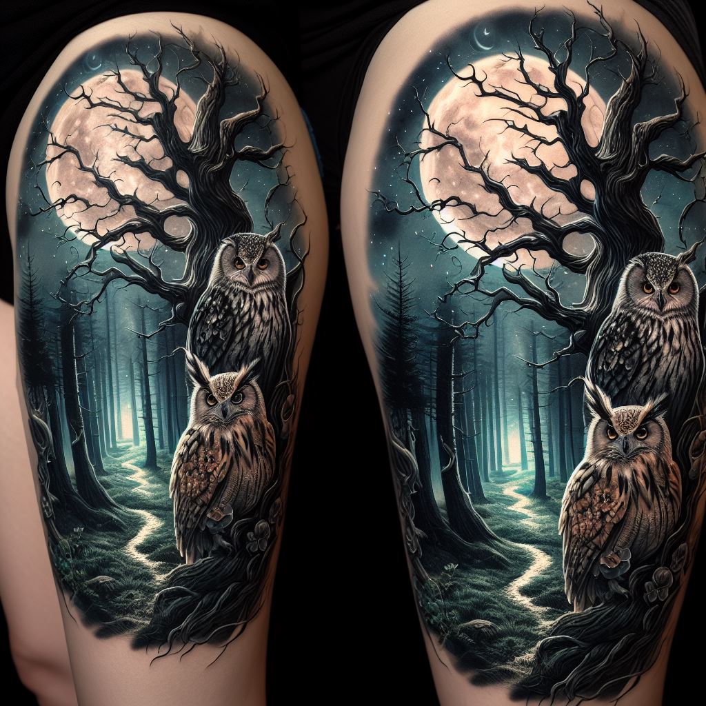 A gothic thigh tattoo with a dark forest theme, including an ancient tree, owls, and a moonlit sky. The tree should be imposing, with gnarled branches that reach out, creating a sense of mystery and intrigue. Owls with glowing eyes perch among the branches, their feathers detailed for a realistic effect. The background features a full moon casting a soft light through the forest, illuminating paths and shadows, creating a scene that's both eerie and captivating.