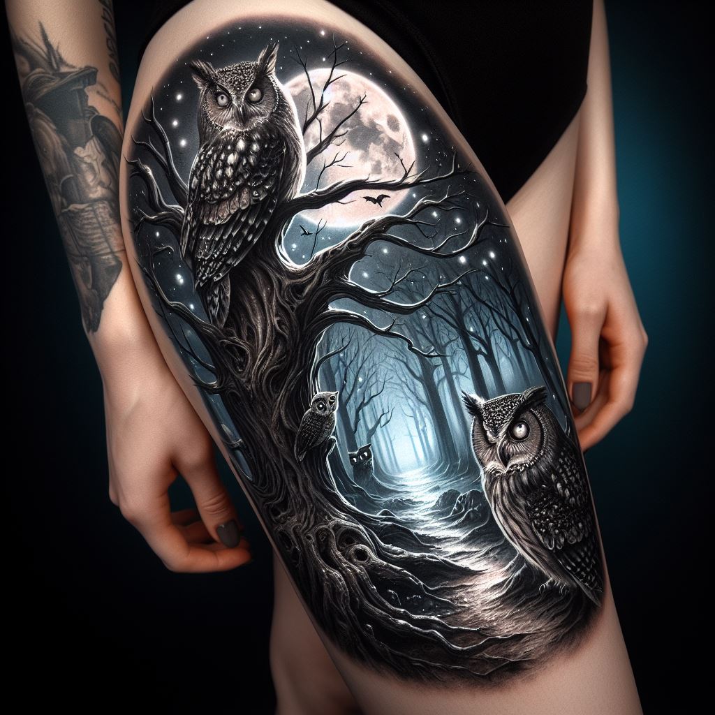 A gothic thigh tattoo with a dark forest theme, including an ancient tree, owls, and a moonlit sky. The tree should be imposing, with gnarled branches that reach out, creating a sense of mystery and intrigue. Owls with glowing eyes perch among the branches, their feathers detailed for a realistic effect. The background features a full moon casting a soft light through the forest, illuminating paths and shadows, creating a scene that's both eerie and captivating.